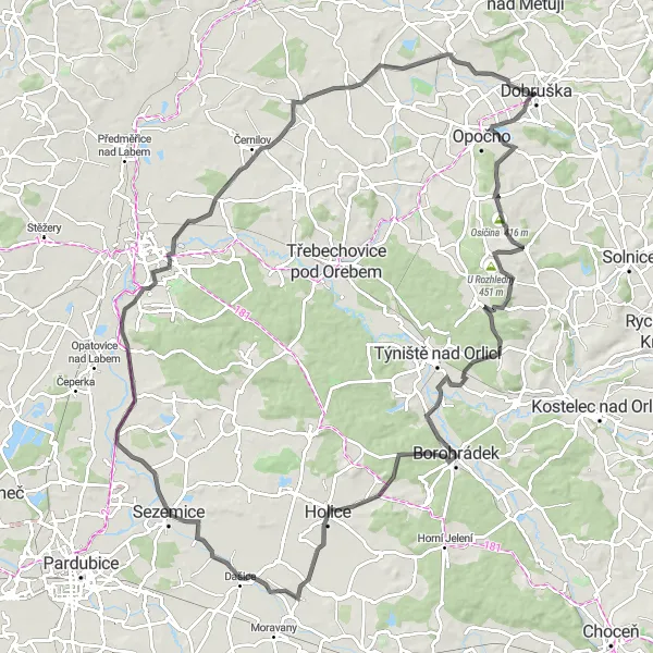 Miniaturní mapa "Cyklotrasa Záhornice - Bohuslavice" inspirace pro cyklisty v oblasti Severovýchod, Czech Republic. Vytvořeno pomocí plánovače tras Tarmacs.app