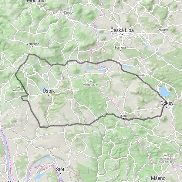 Miniaturní mapa "Rozsáhlý okruh kolem Doksy" inspirace pro cyklisty v oblasti Severovýchod, Czech Republic. Vytvořeno pomocí plánovače tras Tarmacs.app