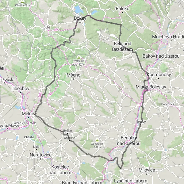 Miniaturní mapa "Cyklistická trasa kolem Doksy" inspirace pro cyklisty v oblasti Severovýchod, Czech Republic. Vytvořeno pomocí plánovače tras Tarmacs.app