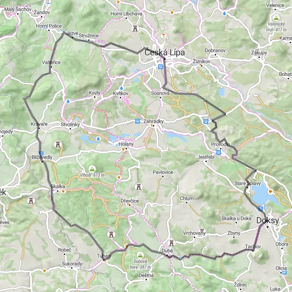 Mapa miniatúra "Road cycling route to Korecký vrch and Česká Lípa" cyklistická inšpirácia v Severovýchod, Czech Republic. Vygenerované cyklistickým plánovačom trás Tarmacs.app