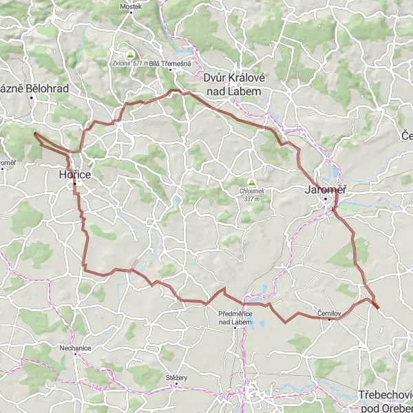 Karten-Miniaturansicht der Radinspiration "Herausfordernde Schotterradtour in der Nähe von Dolní Černilov" in Severovýchod, Czech Republic. Erstellt vom Tarmacs.app-Routenplaner für Radtouren