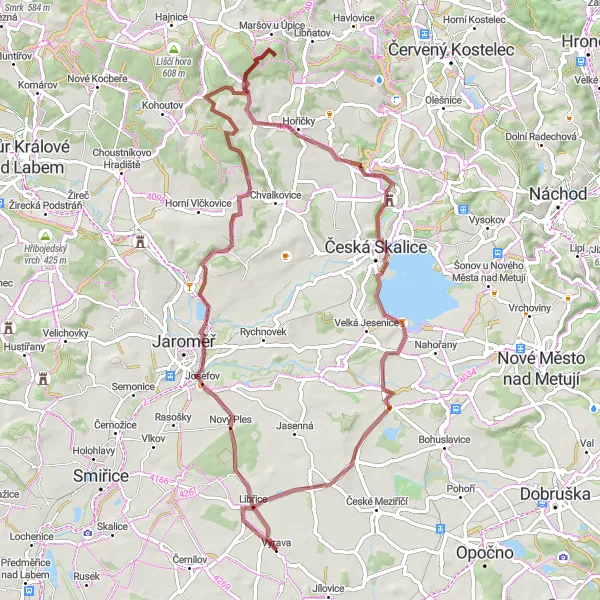 Mapa miniatúra "Gravelový okruh cez Vinice" cyklistická inšpirácia v Severovýchod, Czech Republic. Vygenerované cyklistickým plánovačom trás Tarmacs.app