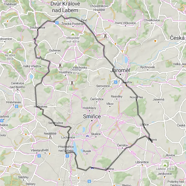 Map miniature of "Okrouhlík - Piletice Loop" cycling inspiration in Severovýchod, Czech Republic. Generated by Tarmacs.app cycling route planner