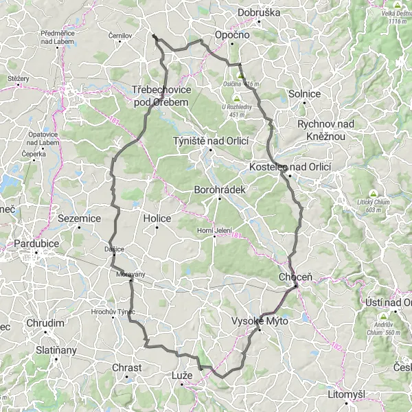 Mapa miniatúra "Historický okruh cez Drahoše" cyklistická inšpirácia v Severovýchod, Czech Republic. Vygenerované cyklistickým plánovačom trás Tarmacs.app