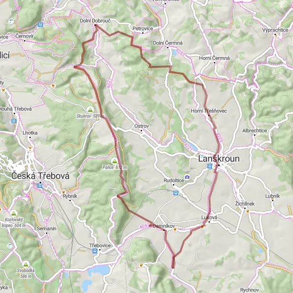 Miniaturní mapa "Gravel Tour Dolní Dobrouč" inspirace pro cyklisty v oblasti Severovýchod, Czech Republic. Vytvořeno pomocí plánovače tras Tarmacs.app