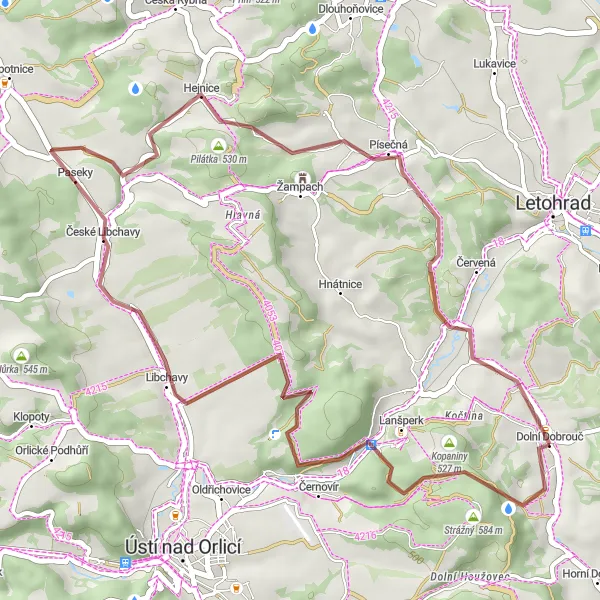 Map miniature of "Scenic Gravel Ride - Dolní Dobrouč to Vyšehrad" cycling inspiration in Severovýchod, Czech Republic. Generated by Tarmacs.app cycling route planner