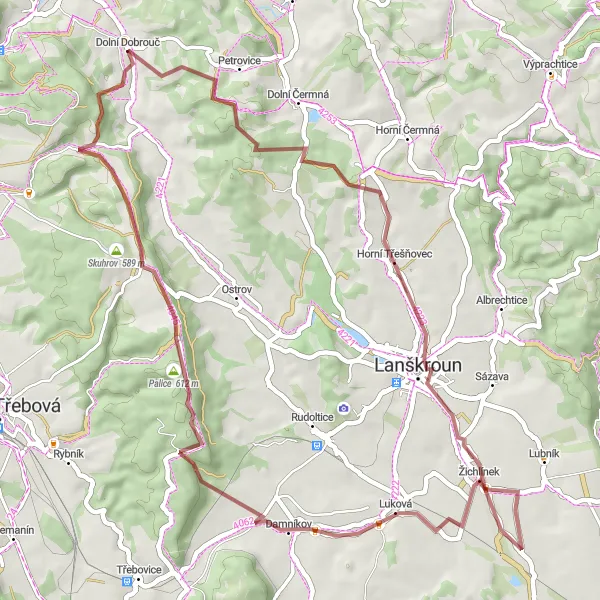 Mapa miniatúra "Gravelová cyklotrasa cez Horní Třešňovec a Palice" cyklistická inšpirácia v Severovýchod, Czech Republic. Vygenerované cyklistickým plánovačom trás Tarmacs.app