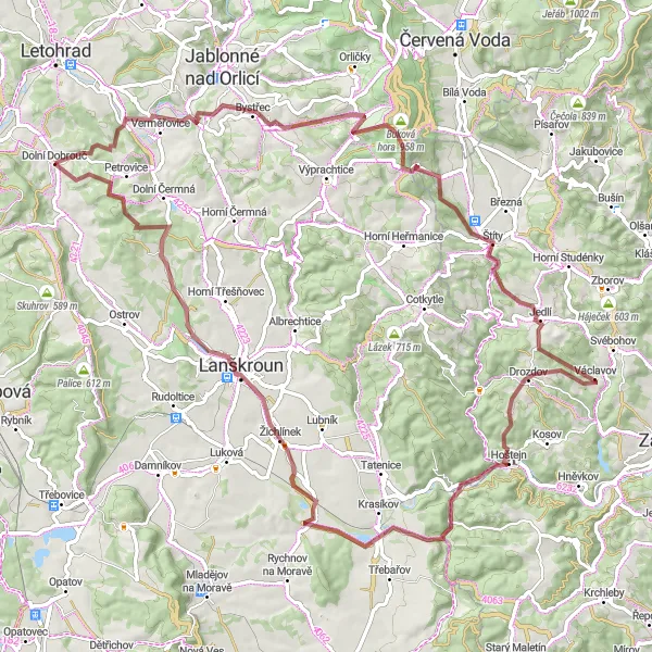 Map miniature of "Gravel Adventure - Dolní Dobrouč to Štíty" cycling inspiration in Severovýchod, Czech Republic. Generated by Tarmacs.app cycling route planner