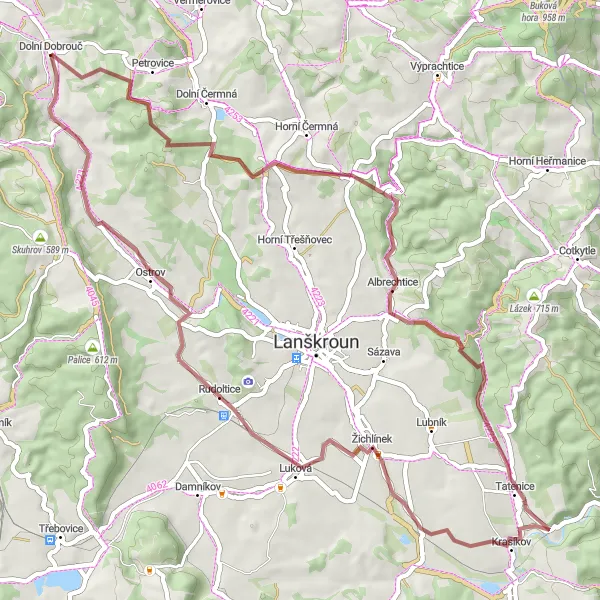 Miniaturní mapa "Gravel route via Homolka and Horní Dobrouč" inspirace pro cyklisty v oblasti Severovýchod, Czech Republic. Vytvořeno pomocí plánovače tras Tarmacs.app