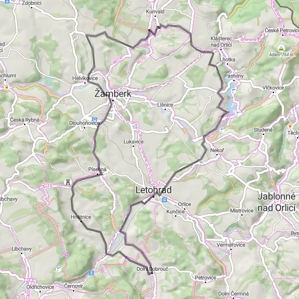 Map miniature of "Picturesque Road Cycling Tour around Dolní Dobrouč" cycling inspiration in Severovýchod, Czech Republic. Generated by Tarmacs.app cycling route planner