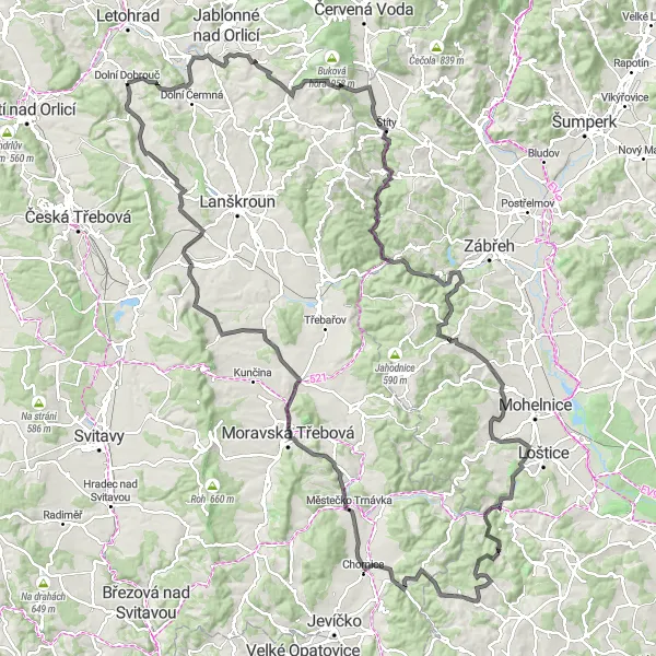 Map miniature of "Ultimate Road Cycling Adventure - Dolní Dobrouč to Červený kopec" cycling inspiration in Severovýchod, Czech Republic. Generated by Tarmacs.app cycling route planner