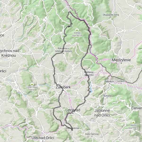 Miniaturní mapa "Road Cycling Adventure via Obora" inspirace pro cyklisty v oblasti Severovýchod, Czech Republic. Vytvořeno pomocí plánovače tras Tarmacs.app