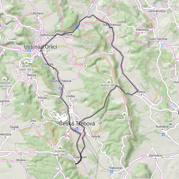 Map miniature of "Dolní Dobrouč Loop" cycling inspiration in Severovýchod, Czech Republic. Generated by Tarmacs.app cycling route planner