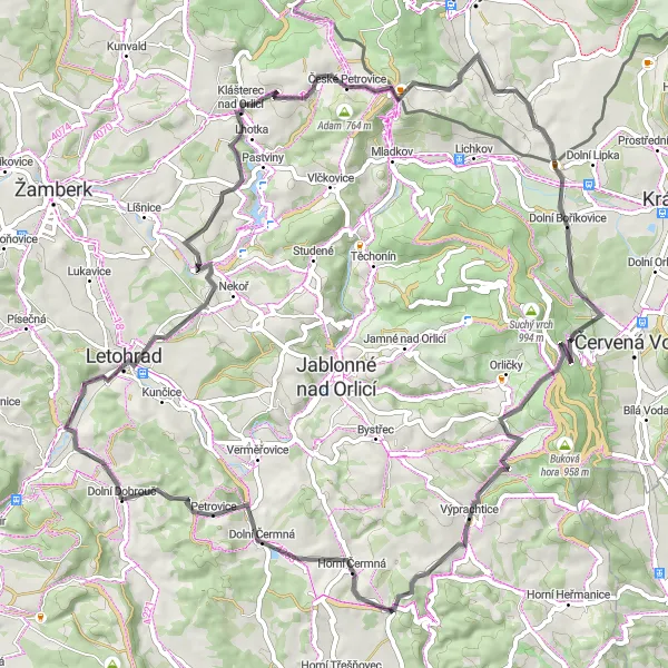 Map miniature of "Thrilling Road Cycling Route from Dolní Dobrouč" cycling inspiration in Severovýchod, Czech Republic. Generated by Tarmacs.app cycling route planner