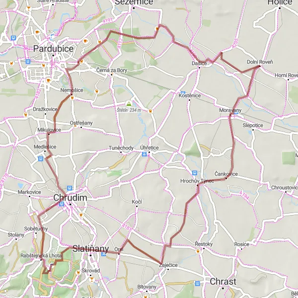 Mapa miniatúra "Gravelová cesta okolo Dolní Ročně" cyklistická inšpirácia v Severovýchod, Czech Republic. Vygenerované cyklistickým plánovačom trás Tarmacs.app