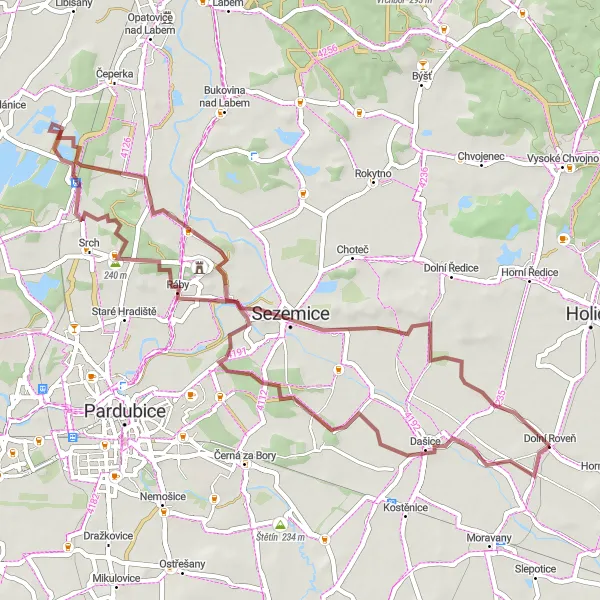 Mapa miniatúra "Okruh Kunětická hora" cyklistická inšpirácia v Severovýchod, Czech Republic. Vygenerované cyklistickým plánovačom trás Tarmacs.app