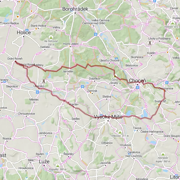 Mapa miniatúra "Gravelová cyklotúra Litětiny - Dolní Roveň" cyklistická inšpirácia v Severovýchod, Czech Republic. Vygenerované cyklistickým plánovačom trás Tarmacs.app