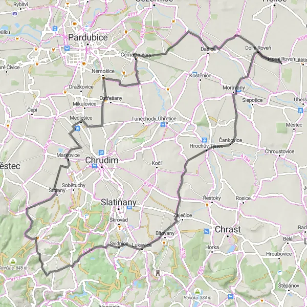 Karten-Miniaturansicht der Radinspiration "Rundtour entlang malerischer Landschaften" in Severovýchod, Czech Republic. Erstellt vom Tarmacs.app-Routenplaner für Radtouren