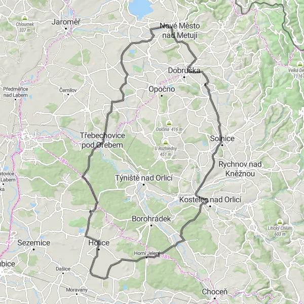 Mapa miniatúra "Cyklistická cesta Skalnatou krajinou" cyklistická inšpirácia v Severovýchod, Czech Republic. Vygenerované cyklistickým plánovačom trás Tarmacs.app