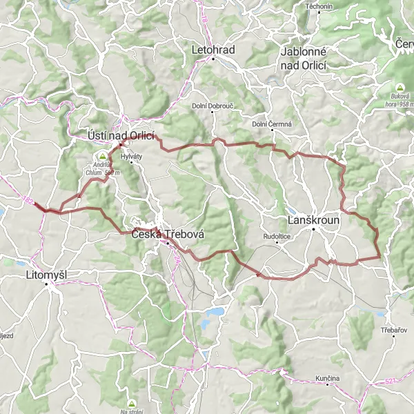 Mapa miniatúra "Gravelový výlet od Dolní Sloupnice" cyklistická inšpirácia v Severovýchod, Czech Republic. Vygenerované cyklistickým plánovačom trás Tarmacs.app