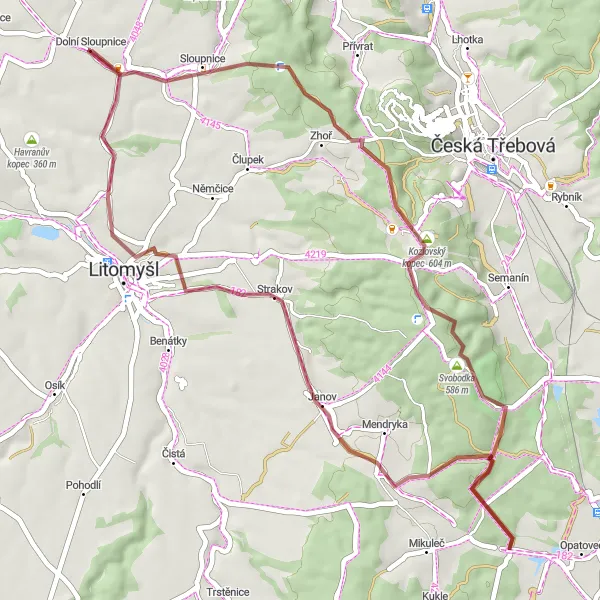 Miniaturní mapa "Gravelová trasa kolem Dolní Sloupnice" inspirace pro cyklisty v oblasti Severovýchod, Czech Republic. Vytvořeno pomocí plánovače tras Tarmacs.app