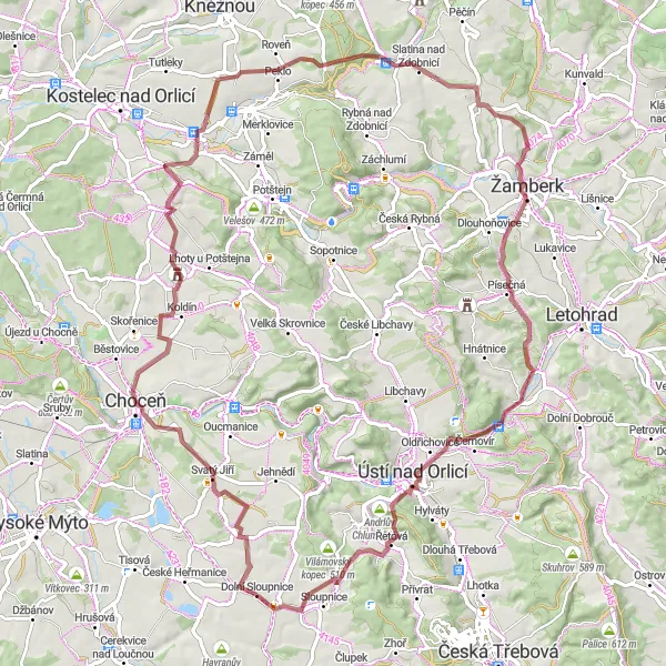 Map miniature of "Discovering Borky and Choceň by Gravel" cycling inspiration in Severovýchod, Czech Republic. Generated by Tarmacs.app cycling route planner