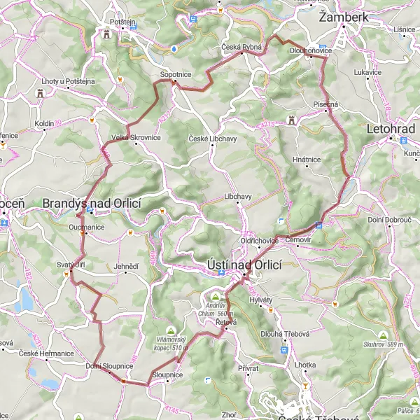 Karten-Miniaturansicht der Radinspiration "Abenteuerliche Schotterroute nach Dolní Sloupnice" in Severovýchod, Czech Republic. Erstellt vom Tarmacs.app-Routenplaner für Radtouren