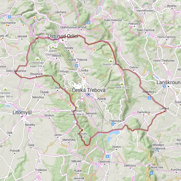 Miniaturní mapa "Gravelový okruh po okolí Dolní Sloupnice" inspirace pro cyklisty v oblasti Severovýchod, Czech Republic. Vytvořeno pomocí plánovače tras Tarmacs.app