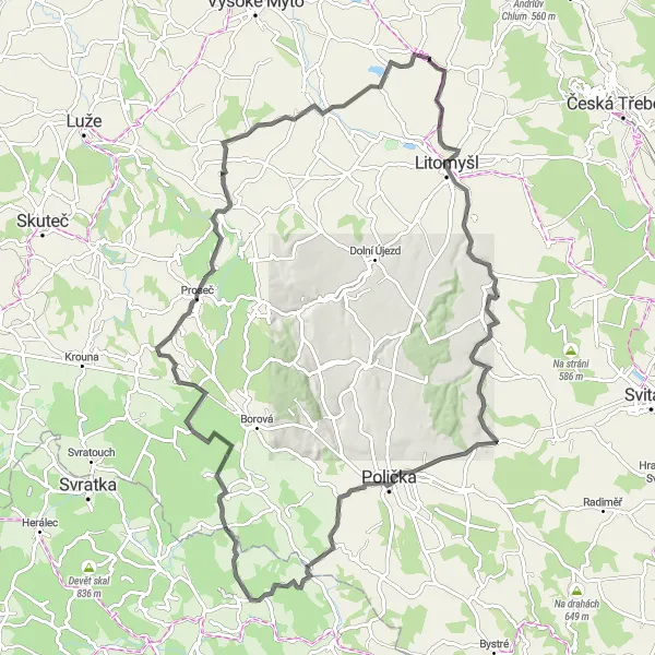 Map miniature of "Scenic Road Cycling to Čistá and Proseč" cycling inspiration in Severovýchod, Czech Republic. Generated by Tarmacs.app cycling route planner