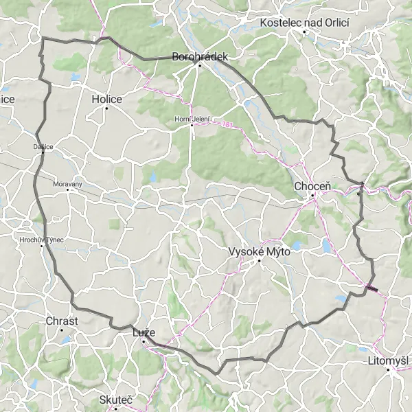 Map miniature of "Road Cycling Expedition to Chlumek and Kostelecké Horky" cycling inspiration in Severovýchod, Czech Republic. Generated by Tarmacs.app cycling route planner