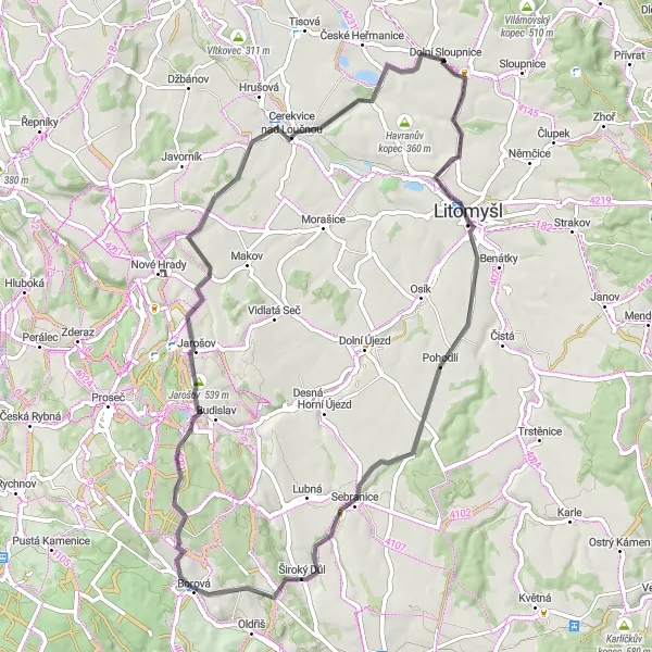 Map miniature of "Road Cycling Escape to Široký Důl and Nová Ves u Jarošova" cycling inspiration in Severovýchod, Czech Republic. Generated by Tarmacs.app cycling route planner