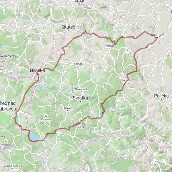Mapa miniatúra "Gravelový okruh kolem Dolního Újezdu" cyklistická inšpirácia v Severovýchod, Czech Republic. Vygenerované cyklistickým plánovačom trás Tarmacs.app