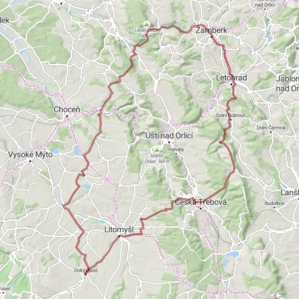 Miniaturní mapa "Trasa na gravel kolem Dolního Újezdu" inspirace pro cyklisty v oblasti Severovýchod, Czech Republic. Vytvořeno pomocí plánovače tras Tarmacs.app