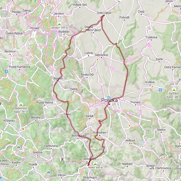 Map miniature of "Short Gravel Ride with Rustic Charm" cycling inspiration in Severovýchod, Czech Republic. Generated by Tarmacs.app cycling route planner