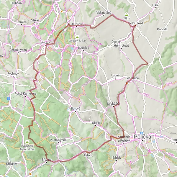 Mapa miniatúra "Gravelová dobrodružná jazda okolo Dolního Újezdu" cyklistická inšpirácia v Severovýchod, Czech Republic. Vygenerované cyklistickým plánovačom trás Tarmacs.app