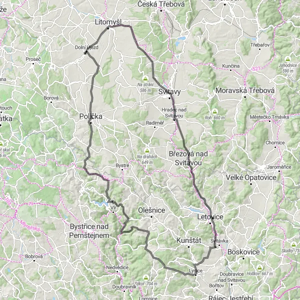 Miniaturní mapa "Cyklistická trasa kolem Dolního Újezdu" inspirace pro cyklisty v oblasti Severovýchod, Czech Republic. Vytvořeno pomocí plánovače tras Tarmacs.app