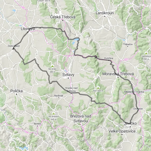 Miniaturní mapa "Historická trasa okolo Dolního Újezdu" inspirace pro cyklisty v oblasti Severovýchod, Czech Republic. Vytvořeno pomocí plánovače tras Tarmacs.app