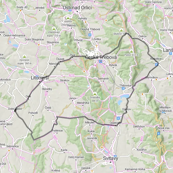 Miniaturní mapa "Kruhová cesta na silnici kolem Dolního Újezdu" inspirace pro cyklisty v oblasti Severovýchod, Czech Republic. Vytvořeno pomocí plánovače tras Tarmacs.app