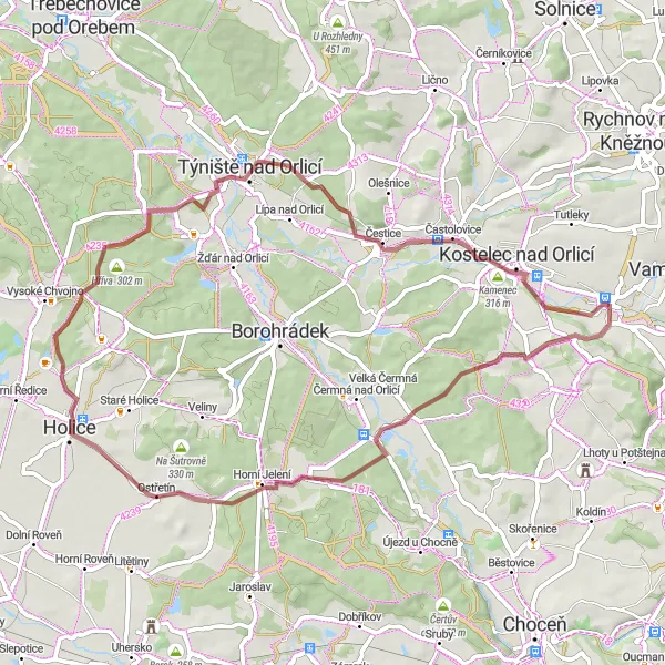 Miniaturní mapa "Gravel cyklotrasa kolem Doudleby nad Orlicí" inspirace pro cyklisty v oblasti Severovýchod, Czech Republic. Vytvořeno pomocí plánovače tras Tarmacs.app