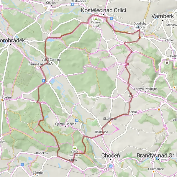 Karten-Miniaturansicht der Radinspiration "Doudleby nad Orlicí Gravel Tour" in Severovýchod, Czech Republic. Erstellt vom Tarmacs.app-Routenplaner für Radtouren