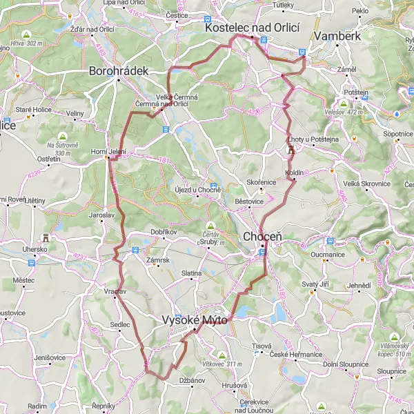 Miniaturní mapa "Gravelový okruh s výhledy kolem Doudleb nad Orlicí" inspirace pro cyklisty v oblasti Severovýchod, Czech Republic. Vytvořeno pomocí plánovače tras Tarmacs.app