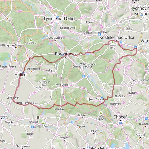 Miniaturní mapa "Gravelový okruh kolem Doudleb nad Orlicí" inspirace pro cyklisty v oblasti Severovýchod, Czech Republic. Vytvořeno pomocí plánovače tras Tarmacs.app