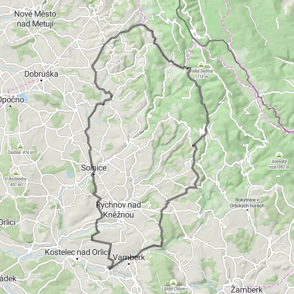 Mapa miniatúra "Náročný okruh cez krásne Orlické hory" cyklistická inšpirácia v Severovýchod, Czech Republic. Vygenerované cyklistickým plánovačom trás Tarmacs.app