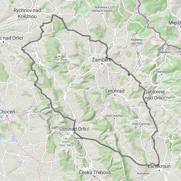 Miniaturní mapa "Náročná cyklotrasa kolem Doudleb nad Orlicí" inspirace pro cyklisty v oblasti Severovýchod, Czech Republic. Vytvořeno pomocí plánovače tras Tarmacs.app