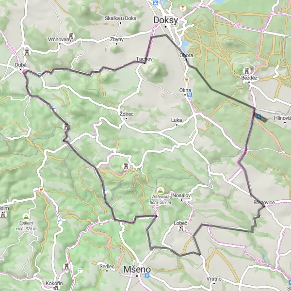 Miniaturní mapa "Dubá - Severovýchod Round-Trip Cycling Route" inspirace pro cyklisty v oblasti Severovýchod, Czech Republic. Vytvořeno pomocí plánovače tras Tarmacs.app