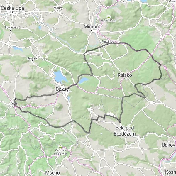Map miniature of "Scenic Road Trip near Dubá" cycling inspiration in Severovýchod, Czech Republic. Generated by Tarmacs.app cycling route planner