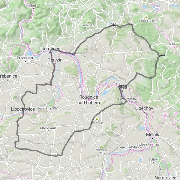 Mapa miniatúra "Okružná cesta Dubá - Severovýchod 127 km" cyklistická inšpirácia v Severovýchod, Czech Republic. Vygenerované cyklistickým plánovačom trás Tarmacs.app