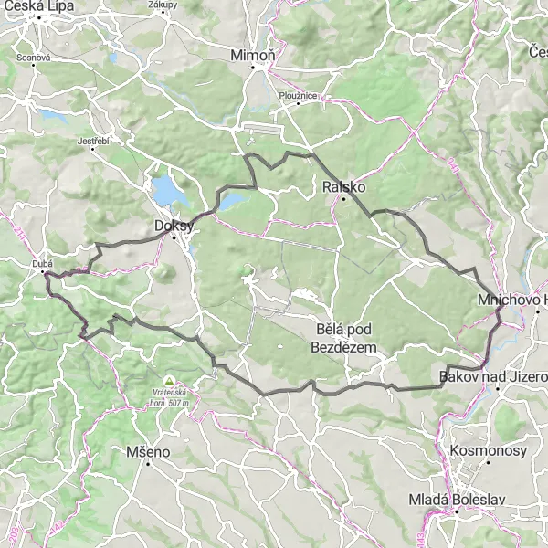 Mapa miniatúra "Okružná cesta Dubá - Severovýchod 83 km" cyklistická inšpirácia v Severovýchod, Czech Republic. Vygenerované cyklistickým plánovačom trás Tarmacs.app