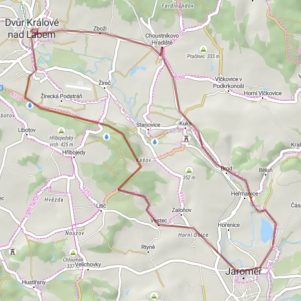 Map miniature of "Through the Scenic Hills of Choustníkovo Hradiště and Hřibojedský vrch" cycling inspiration in Severovýchod, Czech Republic. Generated by Tarmacs.app cycling route planner