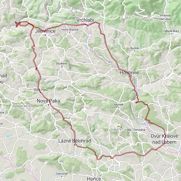 Map miniature of "Dvůr Králové nad Labem Gravel Adventure" cycling inspiration in Severovýchod, Czech Republic. Generated by Tarmacs.app cycling route planner